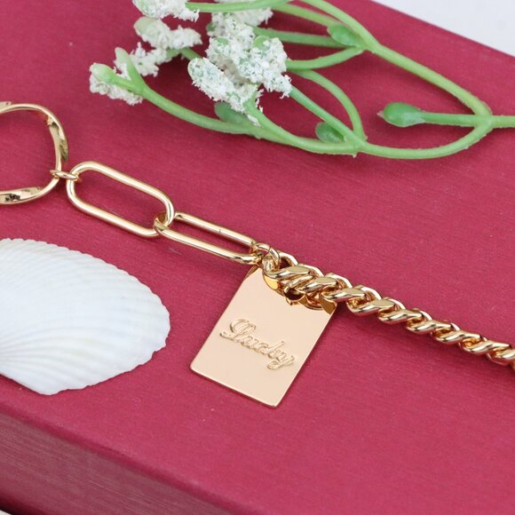 "Chunky Rose Gold Bracelet with Paperclip and Square Tag Charm, XPBL1078 - Picture 4 of 12